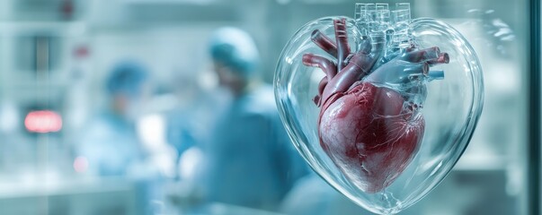Close up of an artificial heart in blurred hospital room.
