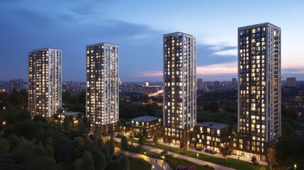 Fototapeta premium Modern Apartment Towers Illuminated at Night