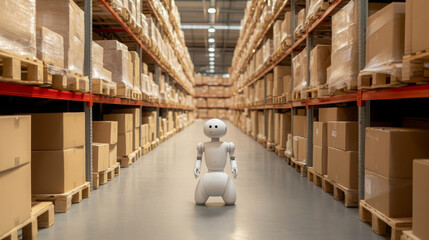 autonomous robot navigating warehouse filled with boxes, showcasing advanced technology and efficiency in logistics