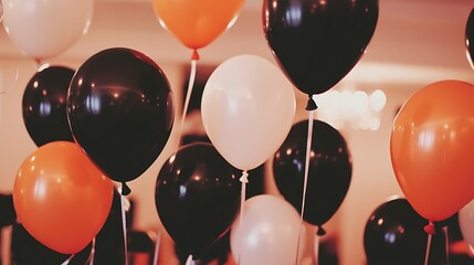 A minimal cluster of black, white, and orange balloons floating together under diffused lighting with subtle reflections and shadows