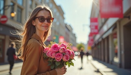 Fototapeta premium Smiling woman holding roses on sunny street, celebrating Womens Day with joy