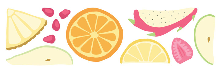 Bright fruit slices of orange, lemon, dragonfruit, pomegranate, and strawberry create a vibrant, juicy, and refreshing tropical summer theme for healthy snacks and decor.