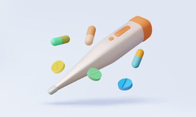 Medical electronic thermometer with drug doctor Healthcare service vitamin vaccine dispense medicine pill medicament diagnosis protection report medical information 3d vector illustration