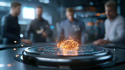 Team analyzing data insights at a futuristic research facility digital boardroom high-tech environment collaborative viewpoint innovation concept