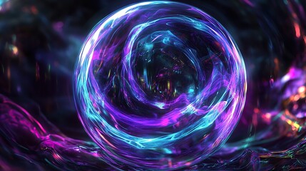 A vivid circular abstract design featuring pulsating rings of purple and blue energy waves