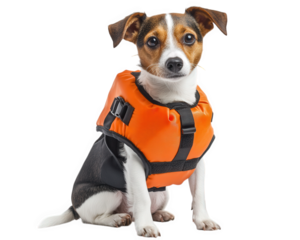 small dog wearing orange life jacket, sitting confidently against transparency background. This pet accessory ensures safety during water activities, providing peace of mind for pet owners