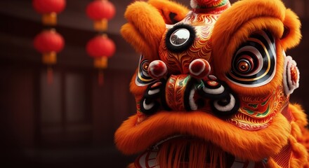 Fototapeta premium Vibrant orange lion dance costume symbolizing celebration and tradition