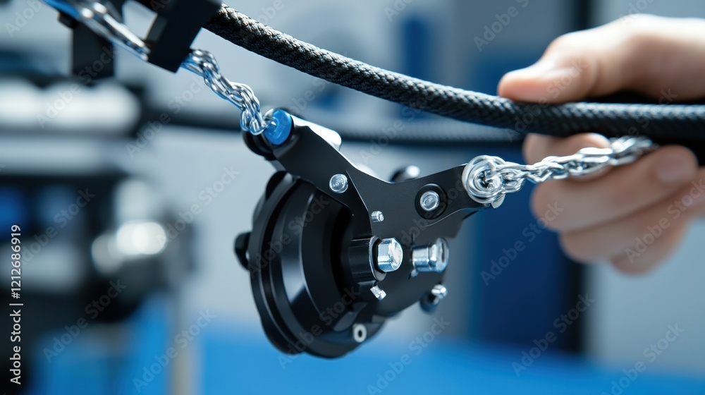 Poster closeup of a robotic arm mechanism with chain and cable