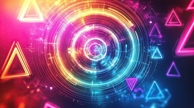 A vivid neon-colored circular abstract piece with geometric triangles and hexagons spiraling in a hypnotic futuristic pattern