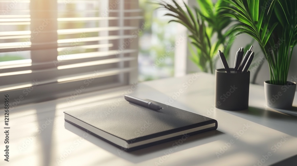 Poster sunlit desk features notebook pen and plants