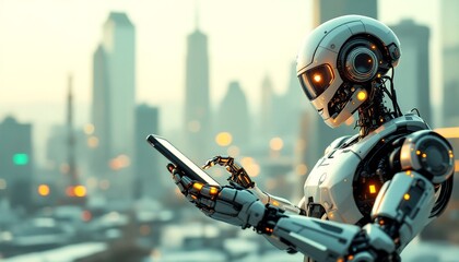 Naklejka premium Futuristic Robot Using Smartphone in Modern City - AI Technology Stock Photo
