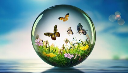 Naklejka premium Beautiful butterflies gracefully flutter above blooming flowers in a serene spring setting.