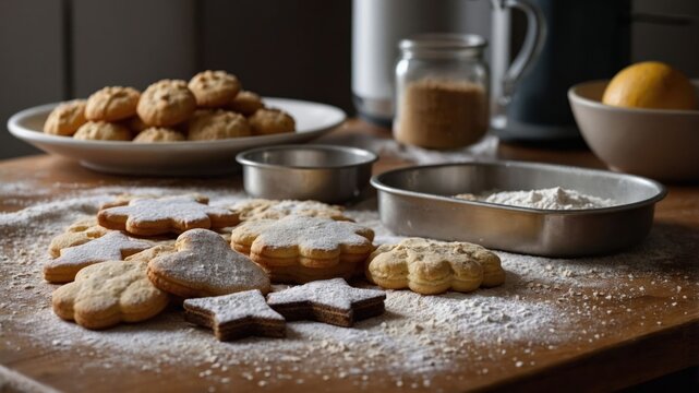 A cozy kitchen scene with freshly baked cookies and baking ingredients.