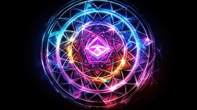 A vivid neon-colored circular abstract piece with geometric triangles and hexagons spiraling in a hypnotic futuristic pattern