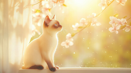 Adorable Siamese kitten basks in serene spring sunlight, surrounded by blooming flowers. Perfect nature and pet photography moment.