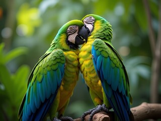 Fototapeta premium Two vibrant green macaws on a branch, their beaks entwined in a tender embrace