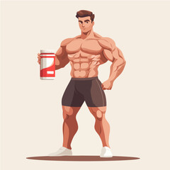 Fototapeta premium Illustration of a sporty guy with a jar of food supplements. Bodybuilding. Strong man.