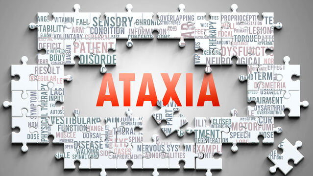 Ataxia as a complex subject, related to important topics. Pictured as a puzzle and a word cloud made of most important ideas and phrases related to ataxia. ,3d illustration