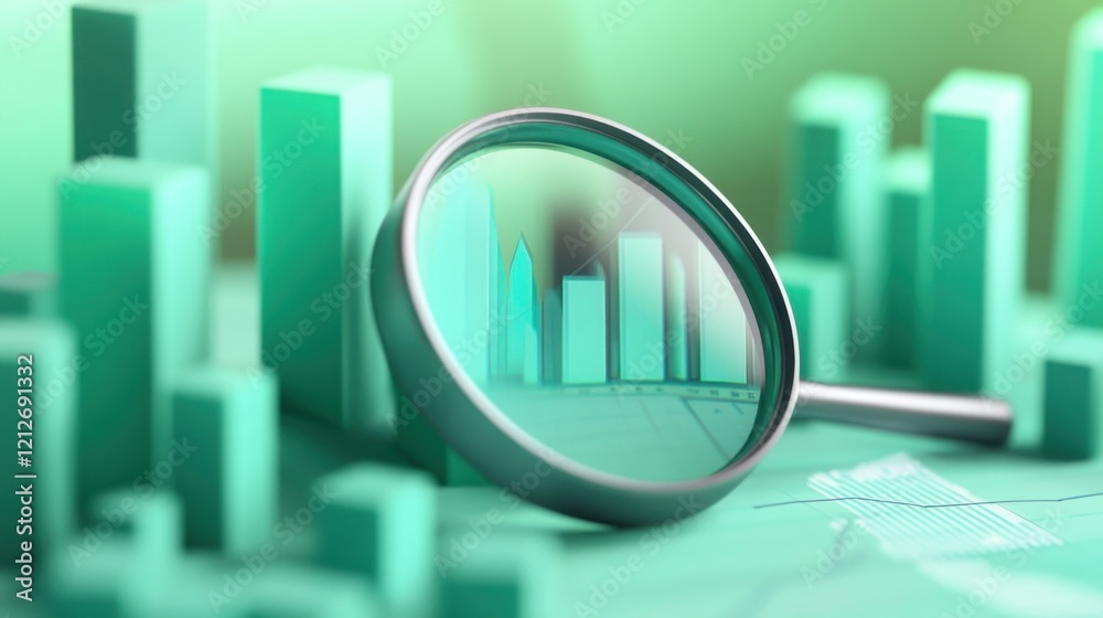 Aufkleber magnifying glass focuses on green bar charts data analysis