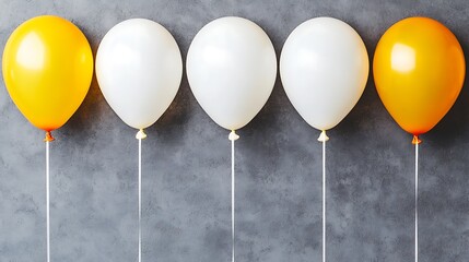 Minimalistic display of white and yellow balloons floating serenely on a smooth grey background with soft lighting