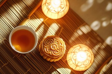 Fototapeta premium Mooncake and Teacup on Bamboo Mat with Warm Lighting