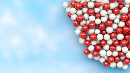 Minimalistic red and white balloons in a sparse arrangement, suspended in a tranquil pale blue sky with soft gradients
