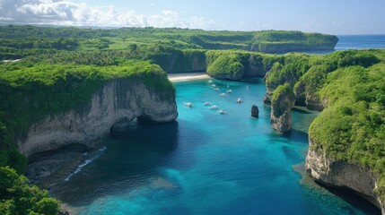 Naklejka premium Lush Green Cliffs Enclose Turquoise Bay Boats
