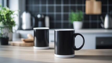 Obraz premium A clean set of branded coffee mugs styled with sleek designs in a light-filled kitchen. picture