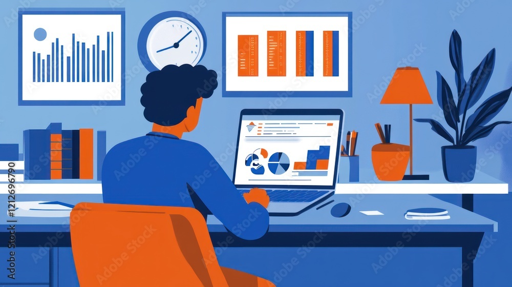 Poster person working from home analyzing data charts