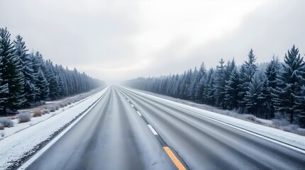 Icy Winter Road Surrounded by Frost Covered Evergreen Trees and a Misty Overcast Sky
