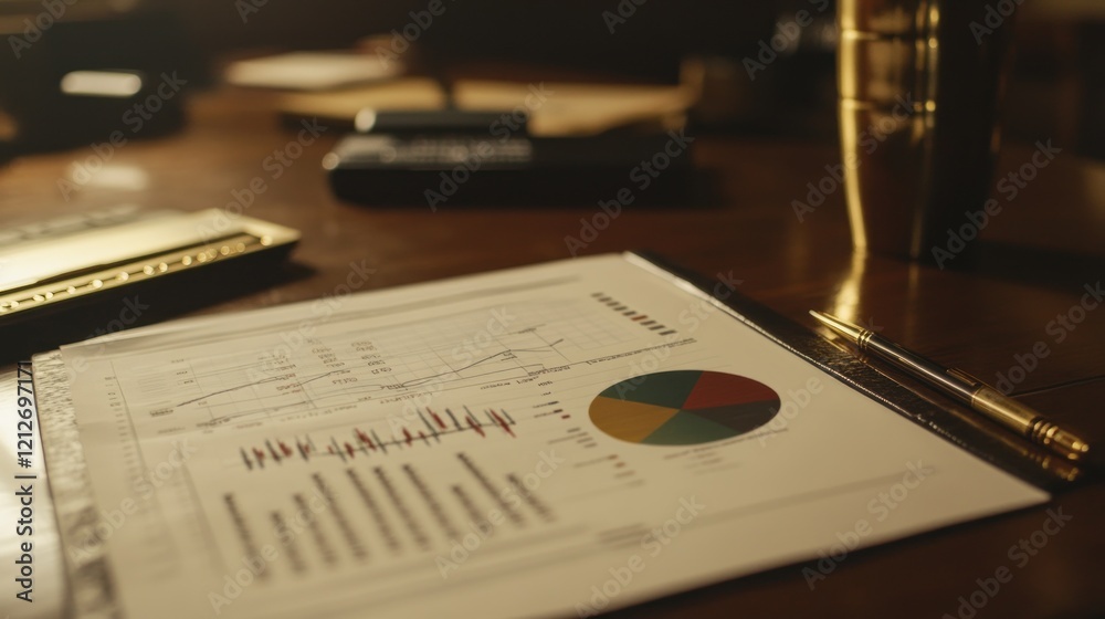Poster financial report charts graphs and data on desk