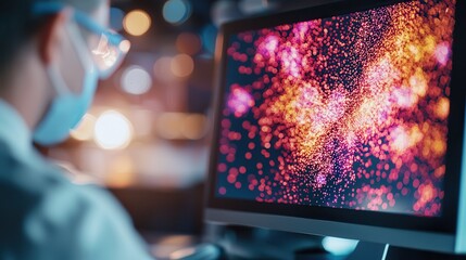 The doctor delivered a speech presentation. Person working on a computer displaying colorful digital patterns.