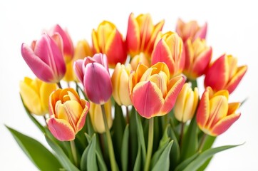 Vibrant tulips in shades of pink and yellow, with green leaves