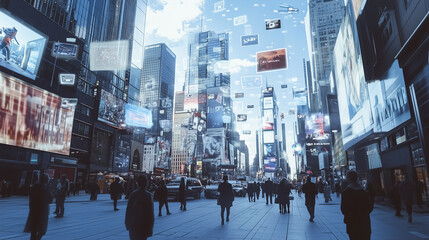 Obraz premium A bustling city street with towering buildings, bright billboards, and crowds of people. Captures the energy and dynamism of urban life in a modern metropolis.