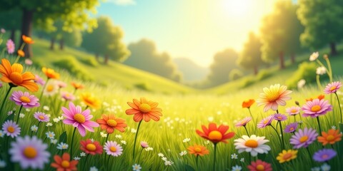 A field of vibrant wildflowers, swaying gently in the breeze