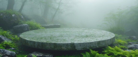 Serene Misty Landscape with Circular Stone Platform Surrounded by Lush Greenery and Rocks.
