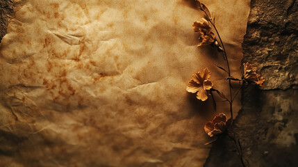 Dried flowers against aged parchment show the beauty of nature and history