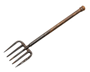 rusty pitchfork with long handle, ideal for gardening and farming tasks. This tool showcases wear and age, reflecting its history and utility in agricultural work