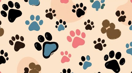 Fototapeta premium Playful Paw Prints: A Colorful, Hand-Drawn Pet Pattern