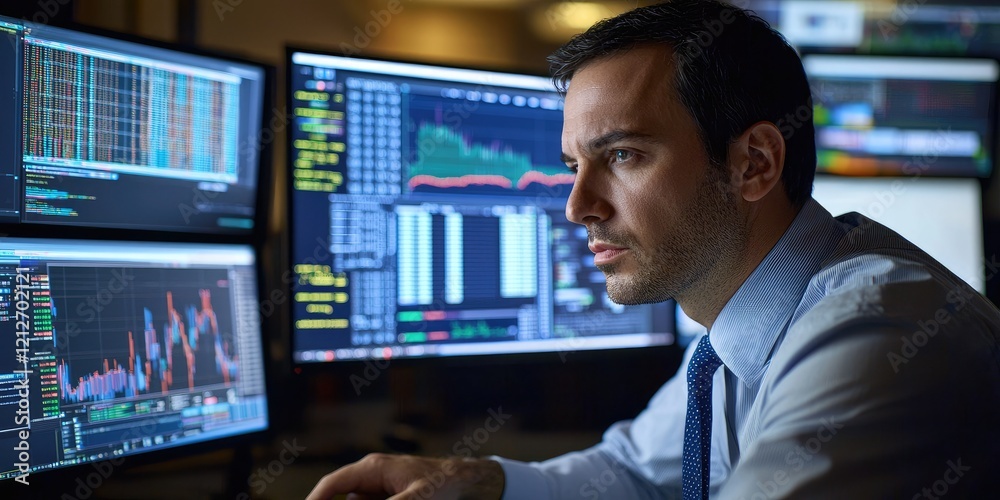 Leinwandbilder Financial analyst assessing fraud prevention data on a  ecure digital interface with comprehensive features.