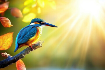 Obraz premium Colorful Kingfisher Perched on Branch in Vibrant Light