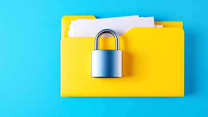 A solitary file folder with a prominent padlock secured on a bright blue background, symbolizing...