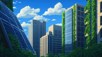 Fototapeta premium Green Cityscape Solar Panels Buildings and Lush Greenery Under a Sunny Sky