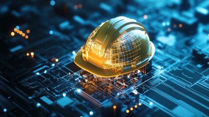 A detailed close-up of a hard hat positioned atop a circuit board, highlighting the intersection of safety and technology in modern work environments.