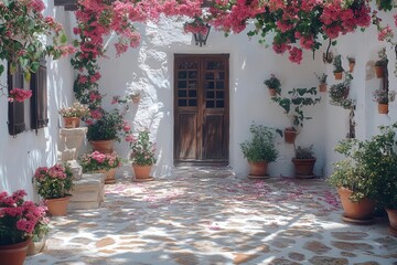 Fototapeta premium mediterranean courtyard with weathered white walls, cascading pink bougainvillea, rustic wooden shutters casting afternoon shadows
