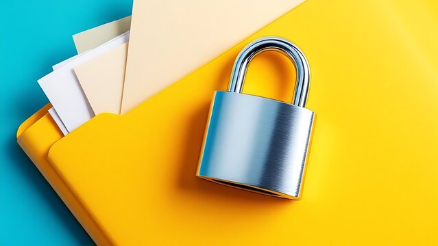 A solitary file folder with a prominent padlock secured on a bright blue background, symbolizing data protection, privacy, and secure information storage.