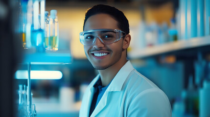 Smiling Scientist in a Modern Lab. Portrait of Passion and Innovation