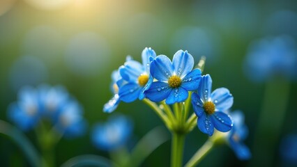 Close-up of blue wildflowers with dew drops at sunrise	