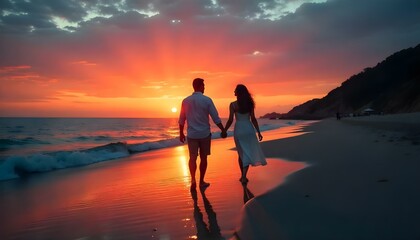 Fototapeta premium Silhouette of a couple on the beach at sunset