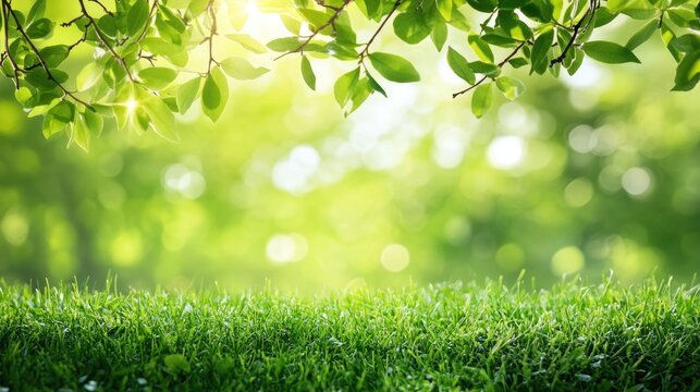 Lush green leaves hang over a soft grass field with a bright blurred background